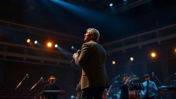 Mexodus Off-Broadway Musical: Actor emotively singing on dimly lit stage.