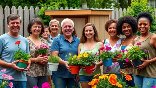 Outdoor garden community members enjoying gardening together.