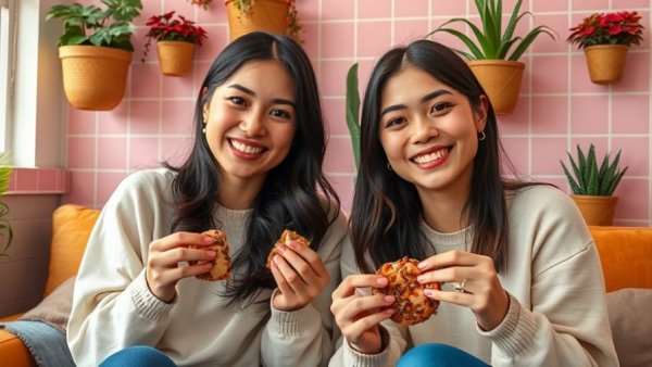Original HEATHERS stars smiling together holding snacks.