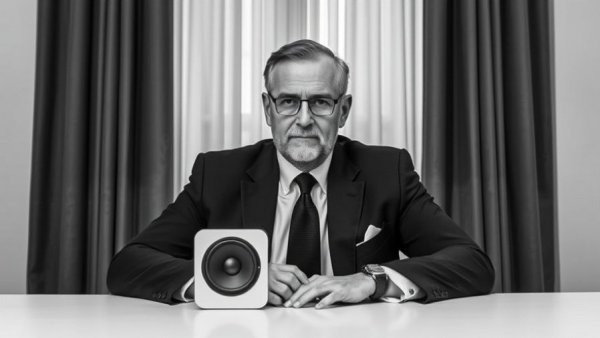 Distinguished man with Bang & Olufsen landscape speaker, minimalist style.