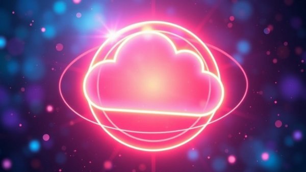 Futuristic cloud icon with neon orbits, CIS hardened images concept.