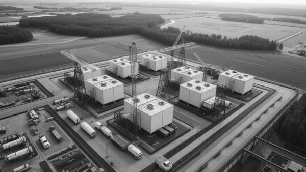 Aerial view of industrial complex powering data centers, black and white.