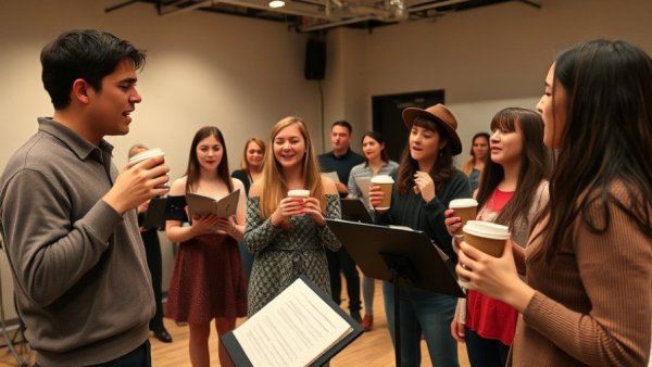 Rehearsal of High Spirits Musical NYC, performers singing energetically.