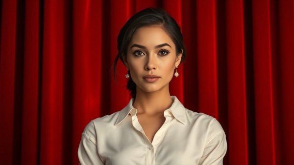 Danya Taymor Directs John Proctor is the Villain Movie director in front of red curtains.