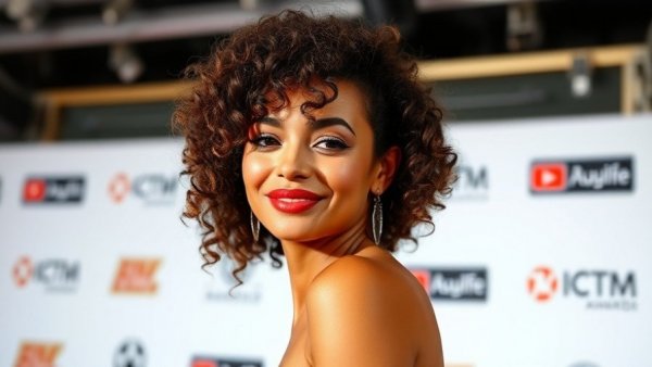 Danya Taymor at awards event backdrop with logos.