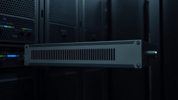 Sleek multi-channel streaming amplifier extending from server rack.
