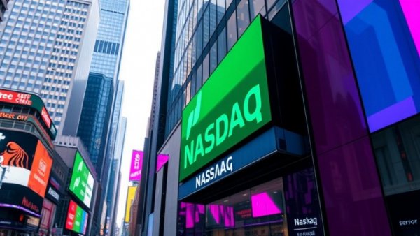 Bright Nasdaq display showing stock changes on an urban backdrop, Ethos Technologies IPO.