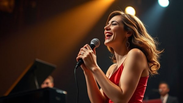 Broadway singer performing joyfully on a dimly lit stage.