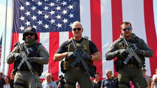 Men expressing gun rights narratives at rally with American flag backdrop