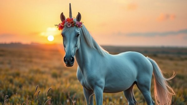 Sublime unicorn in a European meadow at sunset with rainbow.