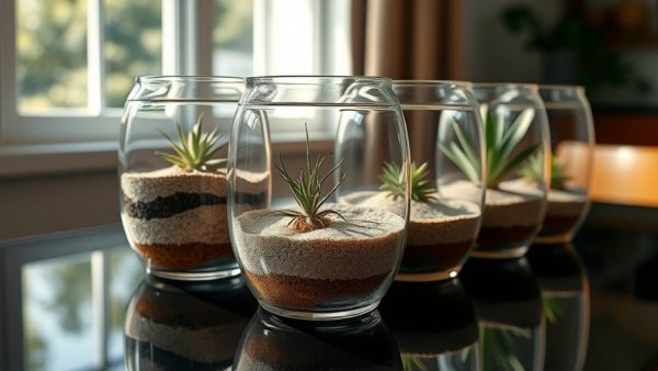 Elegant DIY sand art terrarium with layered sand and plants.