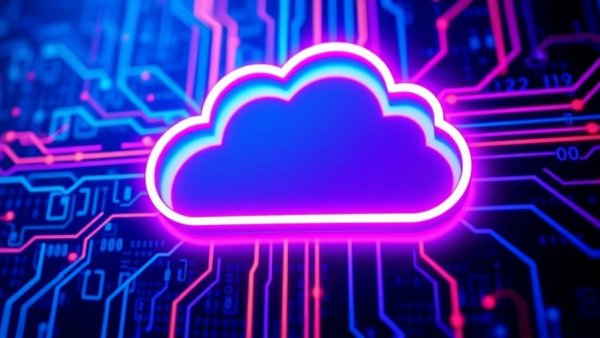 Futuristic cloud data exchange in vibrant neon.