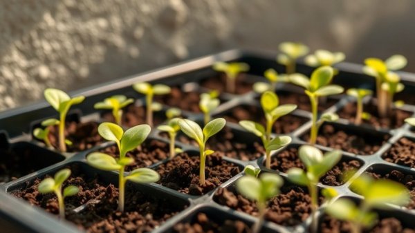 Young seedlings in a black tray for a seed starting guide.