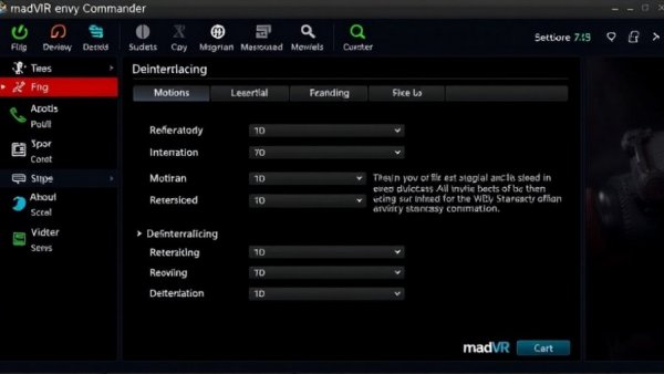 madVR Envy Commander settings interface displaying motion and deinterlacing options.