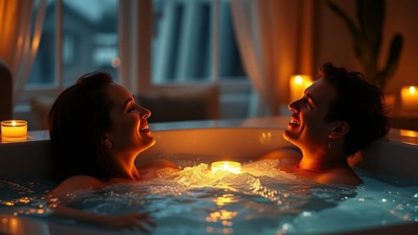 Romantic Night at Home: Couple relaxing in jacuzzi by candlelight.