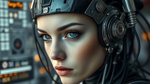 Futuristic cyborg woman in digital interface, Customer Experience Management in Orthodontics theme.