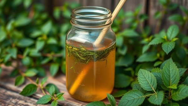 Herbal Apple Cider Vinegar Hair Rinse in a jar amidst greenery.