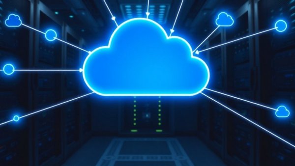 Cloud network technology concept with server racks, automated disaster recovery from object storage.