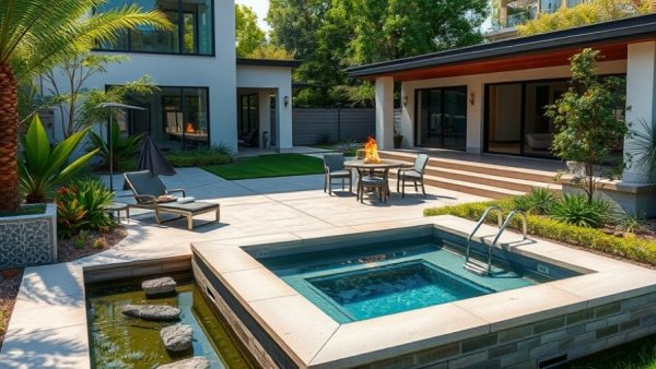 Modern integrated spa design for year-round romance in a backyard.