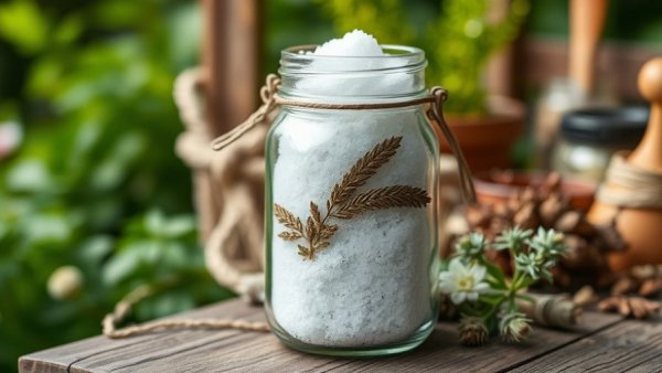 Epsom salt in a glass jar with garden setting.