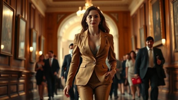 Melania Documentary Box Office: Woman in tan suit walking confidently.