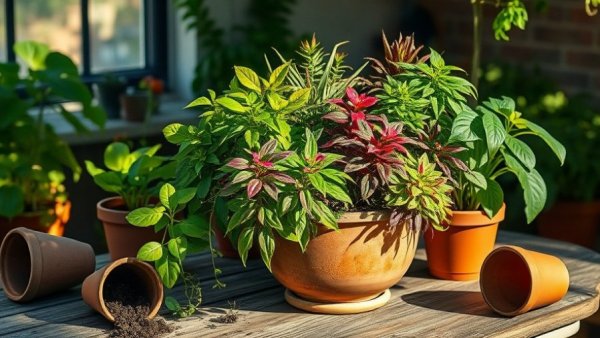 Variety of houseplants in pot on wooden table; get rid of gnats in plants.