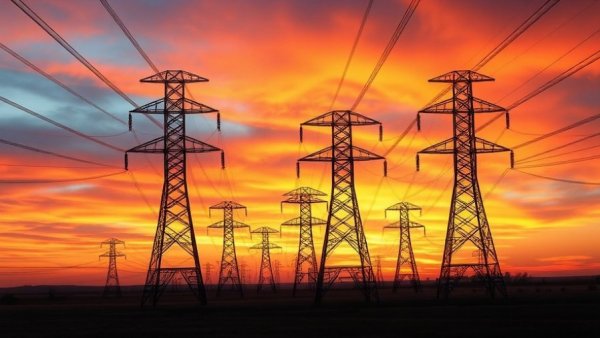 Sunset over electricity pylons, illustrating AI to transform electricity markets.