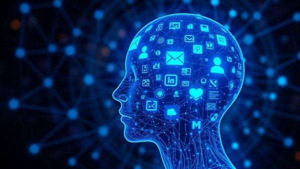 Futuristic head visualizing software asset management for SaaS.