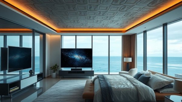 Luxurious bedroom with ocean view and flat-screen TV.