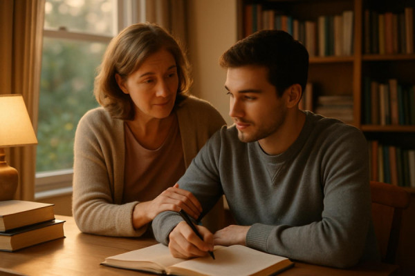 supportive guidance, empathetic, providing mentorship, photorealistic, cozy study room with a large window view of a garden, highly detailed, subtle expressions on faces, pastel colors, warm evening light, shot with an 85mm lens.