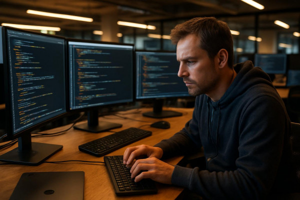 state-of-the-art reviewintegration development, concentrated expression, coding software, photorealistic, tech company workspace filled with monitors, highly detailed, active coding interfaces, high clarity, warm tones, LED lighting, shot with a 24mm lens.