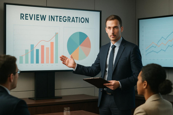 modern reviewintegration process, insightful expression, presenting findings, photorealistic, corporate boardroom with presentation screens, highly detailed, animated graphs, ultra-high clarity, pastel shades, spotlighting, shot with a zoom lens.