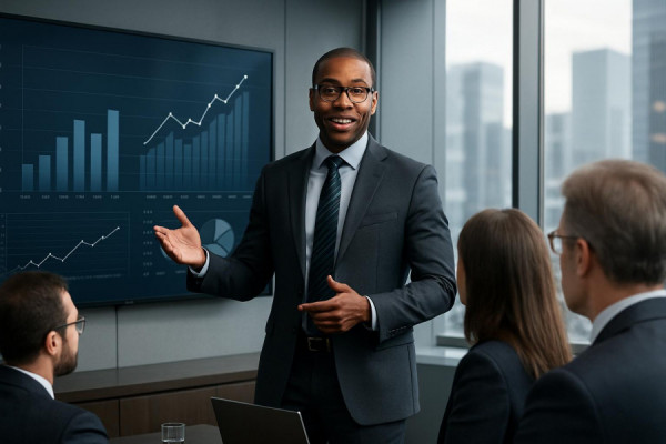 confident expertpartners business, inspiring expression, leading a presentation, photorealistic, corporate conference room with city view, highly detailed, graphs on digital screen, ultra sharp, cool neutral colors, soft ambient lighting, shot with a 35mm lens.