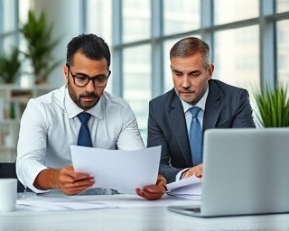 skilled expertpartners professionals, serious expression, analyzing documents, photorealistic, modern office with large windows and plants, highly detailed, papers and laptops on table, high clarity, muted colors, bright overhead lighting, shot with a 24mm lens.