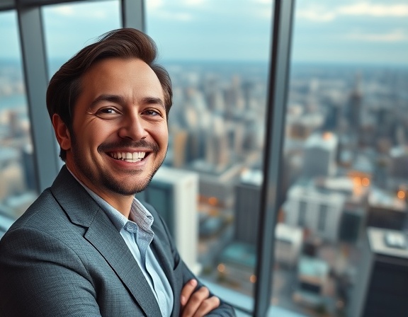 smiling business professional, confident expression, presenting a successful pitch, photorealistic, high-rise office with expansive city view, highly detailed, presentation slides animated, wide-angle, cool hues, bright office lighting, shot with a 24mm lens.
