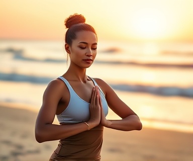 yoga instructor, calm expression, demonstrating a pose, photorealistic, serene beach at sunset with gentle ocean waves, highly detailed, soft sand texture, bokeh effect, warm golden tones, twilight lighting, shot with a 85mm lens.