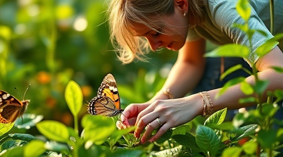 gardener tending to plants, nurturing expression, planting seeds, photorealistic, lush garden bathed in morning dew, highly detailed, butterflies fluttering, macro capture, verdant greens, diffused morning light, shot with a 90mm lens.