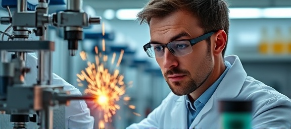 innovative scientist, focused expression, conducting an experiment, photorealistic, state-of-the-art laboratory with advanced equipment, highly detailed, sparks flying from apparatus, micro-level, sterile whites, fluorescent lighting, shot with a 60mm lens.