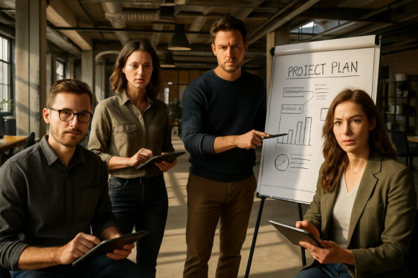 proactive expertpartners team, determined expression, planning project, photorealistic, industrial chic workspace with open-plan seating, highly detailed, team using tablets and flipcharts, super resolution, natural colors, direct sunlight, shot with a 28mm lens.