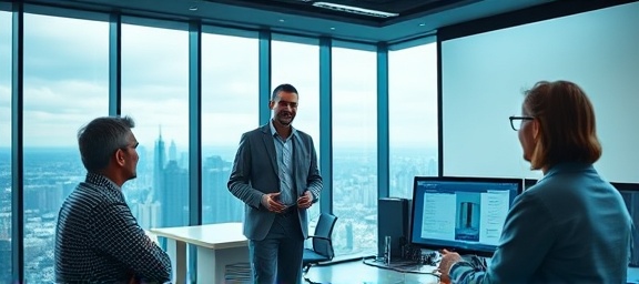 integrative expertpartners business, confident expression, leading a meeting, photorealistic, spacious high-rise office with panoramic views, highly detailed, digital devices and projection screen, ultra realistic, deep cool colors, diffused lighting, shot with a 50mm lens.