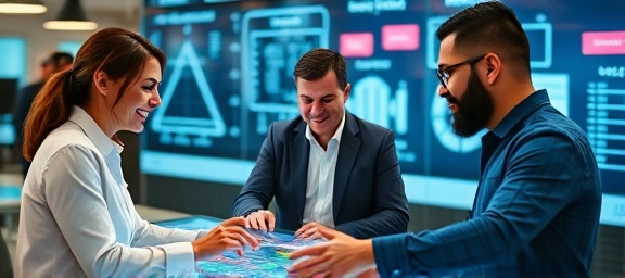 dynamic expertpartners collaboration, enthusiastic expression, problem-solving, photorealistic, collaborative hub with creative design elements, highly detailed, interactive touchboards in use, full detail, vibrant tones, accent lighting, shot with a 70mm lens.