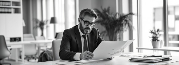 strategic expertpartners professionals, contemplative expression, reviewing reports, photorealistic, minimalist office with modern furniture, highly detailed, charts and documents on desk, crisp quality, monochrome theme, soft natural light, shot with a 90mm lens.
