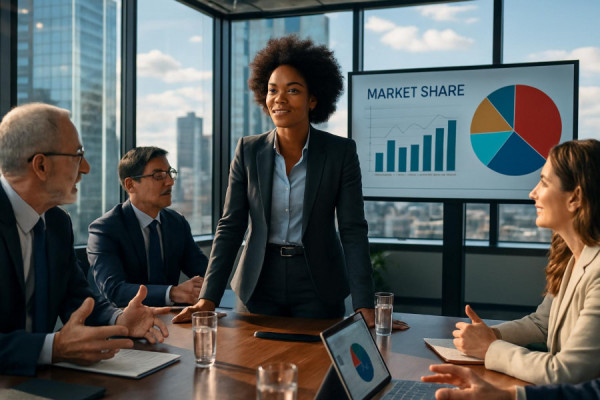 confident marketdomination leadership, visionary, leading a board meeting, photorealistic, glass-walled conference room with cityscape view, highly detailed, animated conversation and digital presentation, vibrant tones, natural sunlight streaming through windows, shot with a 35mm lens.