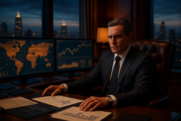 powerful marketdomination power, commanding, orchestrating deals, photorealistic, luxury office with skyline view, highly detailed, intricate maps and graphs displayed on screens, deep colors, ambient evening lighting, shot with a 85mm lens.