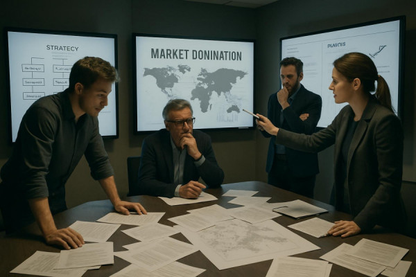 strategic marketdomination strategy, thoughtful, devising plans, photorealistic, modern war room with interactive whiteboards, highly detailed, brainstorming team and scattered documents, muted colors, soft task lighting, shot with a 24mm lens.