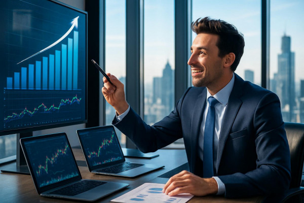 dynamic marketdomination growth, optimistic, analyzing growth metrics, photorealistic, high-rise office with panoramic city view, highly detailed, energetic stock market graphs and laptops on desks, cool colors, bright morning light, shot with a 70-200mm lens.