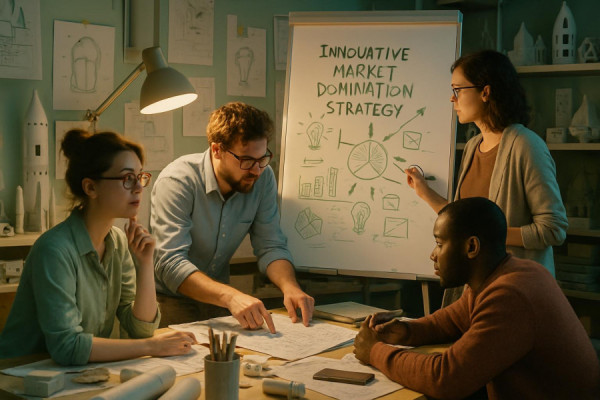 innovative marketdomination strategy, inventive, crafting campaigns, photorealistic, creative lab filled with prototypes and blueprints, highly detailed, team engaged in problem-solving, pastel colors, spot lighting focused on whiteboard, shot with a 50mm lens.