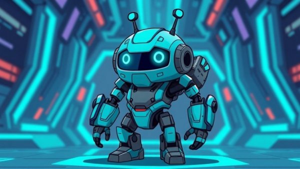 Futuristic teal robot in digital world, neon lines.