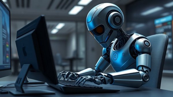 Robot typing on a computer, Custom Software Development Services theme.