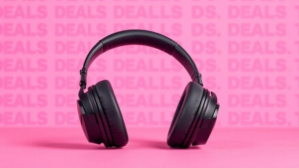 Sleek black headphones on vibrant pink 'DEALS' backdrop, studio lighting